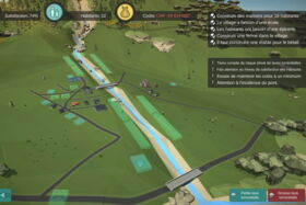 Capture d'écran du jeu en ligne "MurGame" avec une vue du village encore peu développé sur son cône de torrent à risque des laves torrentielles.