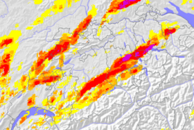 Carte de la grêle en Suisse pour le 21 juin 2021 (Source : Meteoradar GmbH, Daten: MeteoSchweiz)