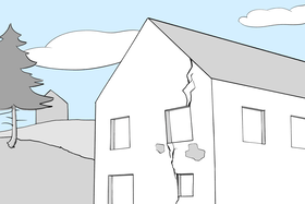 Bâtiment présentant une fissure visible dans le mur extérieur, un crépi qui s'écaille et des fenêtres qui ne peuvent plus être ouvertes - conséquence d'un affaissement différentiel du sous-sol.