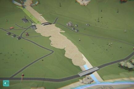 Capture d'écran du jeu en ligne "MurGame", montrant les effets d'une lave torrentielle dans un village déjà partiellement construit.
