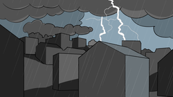 La foudre frappe une zone urbaine lors d'un orage d'été, avec des éclairs en arrière-plan.