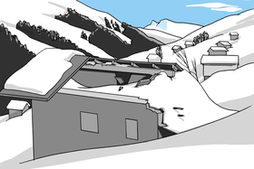 Bâtiment détruit par une avalanche avec toit partiellement effondré