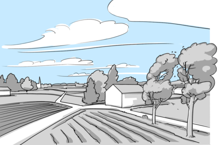 Un vent fort souffle sur une zone rurale dans une grande plaine. Les bâtiments individuels et les arbres constituent les obstacles les plus importants et la rugosité du sol pour l'influence du vent est par conséquent faible (catégorie de terrain IIa).