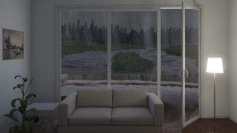 Image d'animation vidéo : Une forte pluie provenant d'une pente pénètre dans le salon par le balcon.