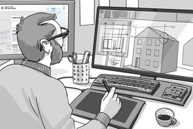 Un architecte planifie une nouvelle construction en C.A.O. et utilise la plateforme d'information protection-dangers-naturels.ch comme aide à la planification.