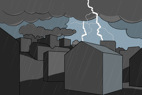 La foudre frappe une zone urbaine lors d'un orage d'été, avec des éclairs en arrière-plan.