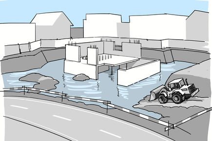 L'inondation de la fouille due à de fortes pluies retarde les travaux de construction et entraîne des coûts et des problèmes supplémentaires
