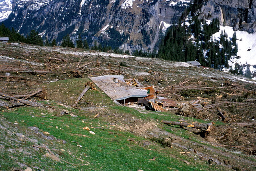 Une avalanche transportant une grande quantité de bois a endommagé ce bâtiment construit sous la forme d’un toit-terrain.