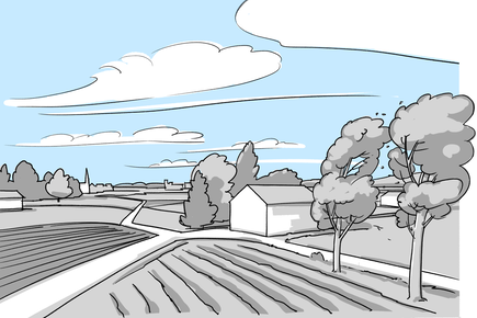 Un vent fort souffle sur une zone rurale dans une grande plaine. Les bâtiments individuels et les arbres constituent les obstacles les plus importants et la rugosité du sol pour l'influence du vent est par conséquent faible (catégorie de terrain IIa).