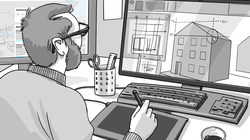 Un architecte planifie une nouvelle construction en C.A.O. et utilise la plateforme d'information protection-dangers-naturels.ch comme aide à la planification.